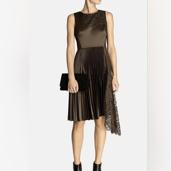 Karen Millen Dresses & Skirts - Karen Millen Brown Pleated Midi Dress with Lace Detail Size 4